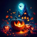 Halloween background with pumpkins and houses on dark blue background. Generative AI Royalty Free Stock Photo