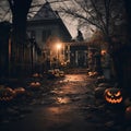 Halloween background with pumpkins, old house and witch\'s house. Royalty Free Stock Photo
