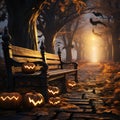 Halloween background with pumpkins in the park. 3d render