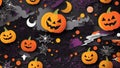 Halloween background with pumpkins, purple dark spiders web, illustration Royalty Free Stock Photo
