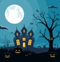 Halloween background with pumpkins and scary castle on graveyard. Invitation card on celebration Halloween. Royalty Free Stock Photo