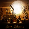 Halloween background with pumpkins and scary church on graveyard Royalty Free Stock Photo