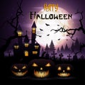 Halloween background with pumpkins and scary church on graveyard Royalty Free Stock Photo