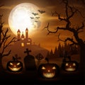 Halloween background with pumpkins and scary church on graveyard