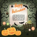 Halloween background with pumpkins, spiders, bats, witch hat and candy.