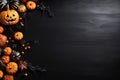 Halloween background with pumpkins, spiders and leaves on blackboard Royalty Free Stock Photo