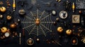 Halloween background with pumpkins spiderwebs skeletons, and spiders on a black background, AI generated Royalty Free Stock Photo