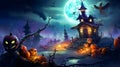 Halloween background with pumpkins, witch\'s house and full moon.