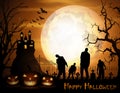 Halloween background with pumpkins, zombie, and scary church on graveyard Royalty Free Stock Photo