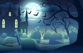 Halloween background with scary castle, pumpkins, bats and big moon Royalty Free Stock Photo