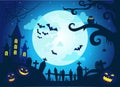 Halloween background with scary castle, pumpkins, bats and big moon Royalty Free Stock Photo