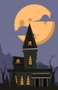 Halloween background. Scary horror castle moonlight night landscape in dark village with gothic mystery gothic house