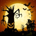 Halloween background. Scary monsters trees on cemetery with castle and full moon Royalty Free Stock Photo