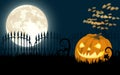 Halloween background with a scary pumpkin on the cemetery in the dark night with full moon Royalty Free Stock Photo
