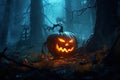 halloween background with scary pumpkin in a dark forest at night Royalty Free Stock Photo