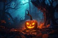 halloween background with scary pumpkin in a dark forest at night Royalty Free Stock Photo