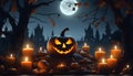 Halloween background with scary pumpkins candles behind castle, AI generated. Royalty Free Stock Photo