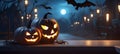 Halloween background with scary pumpkins candles in the graveyard at night with a castle background, Ai generated. Royalty Free Stock Photo