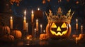Happy halloween image with scary pumpkins and candles at night with a castle background. Royalty Free Stock Photo