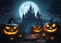 Halloween image with AI generation, scary pumpkins candles in the graveyard of castle background. Royalty Free Stock Photo