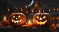 Two Halloween scary pumpkins with candles in the graveyard of castle, AI generated. Royalty Free Stock Photo