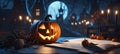 Halloween with scary pumpkins candles at night with a castle background, Ai generated image. Royalty Free Stock Photo