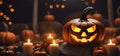 Happy halloween background image with scary pumpkins candles, AI generated. Royalty Free Stock Photo