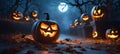 Happy halloween background with scary pumpkins candles in the graveyard at night with a castle background, Ai generated. Royalty Free Stock Photo