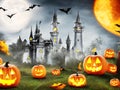 Halloween background with scary pumpkins candles in the graveyard at night with a castle background Royalty Free Stock Photo