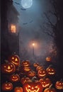 Halloween background, scary pumpkins in creepy night vertical backdrop. Royalty Free Stock Photo
