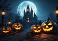 Halloween background with scary pumpkins in the graveyard, castle in background, AI generated. Royalty Free Stock Photo