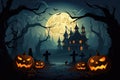 Halloween background with scary pumpkins, moon and trees and bats Royalty Free Stock Photo