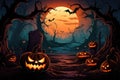 Halloween background with scary pumpkins, moon and trees Royalty Free Stock Photo