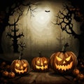 Halloween background with scary pumpkins and old trees. Vector illustration.Generative AI