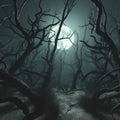 Halloween background with scary spooky forest and full moon - 3d render Royalty Free Stock Photo
