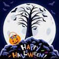 Halloween background. Scary tree, big moon and halloween pumpkin Royalty Free Stock Photo