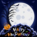 Halloween background. Scary trees, big moon and bats Royalty Free Stock Photo