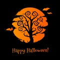 Halloween background with scary tree, moon and bats.