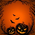 Halloween background. Scary tree twigs, bats and pumpkin lanterns