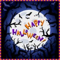 Halloween background. Scary trees, big moon and flying bats