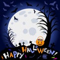 Halloween background. Scary trees, big moon and bats Royalty Free Stock Photo
