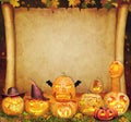 Halloween background scroll sign with carved orange