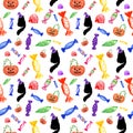 Cute cartoon Halloween background, seamless pattern with halloween symbols and characters