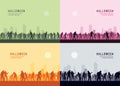 Halloween background set. Spooky zombie crowd walking towards the town. Silhouettes illustration for Halloween Royalty Free Stock Photo