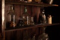 Halloween background Shelves with alchemy tools Skull spiderweb bottle with poison candles