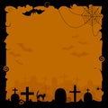 Halloween background with silhouettes of bats, cobwebs and tombstones