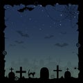 Halloween background with silhouettes of cobweb, of bats and tombstones.