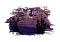 Halloween dark purple night background with wicked witch flying on broom, terrible dead tree, castle, bats and full moon Royalty Free Stock Photo