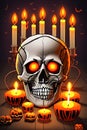 Halloween background. Skull's, pumpkin and candles Royalty Free Stock Photo