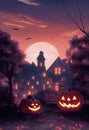 Halloween background of smiling jack-o-lanterns in front of spooky house